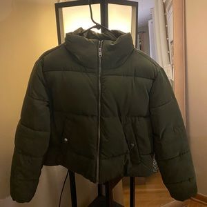 Army green cropped puffer jacket